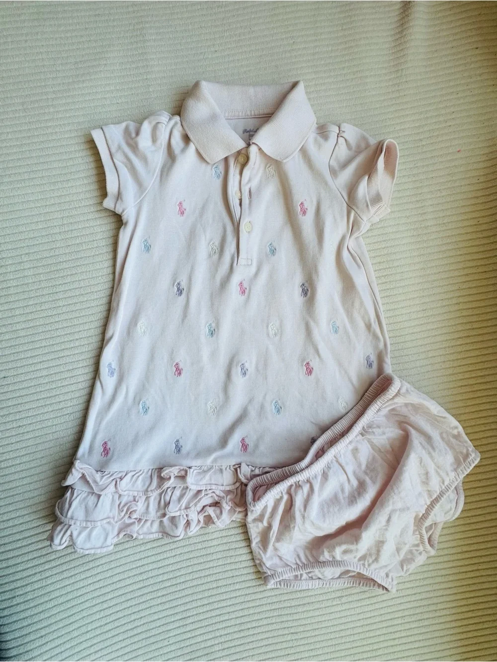 Ralph Lauren Pale Pink Polo Ruffle Baby Dress with ponies and bloomer 24 mo GUC